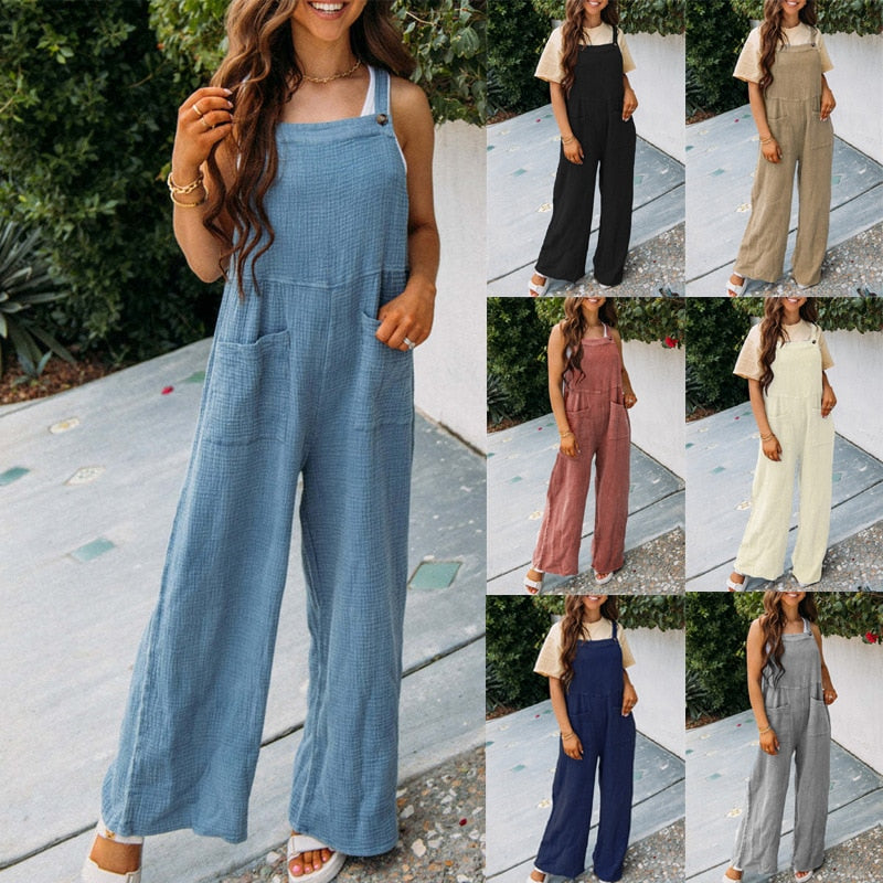 2023 Summer New Women's Casual Solid Pocket Square Neck Loose Strap Jumpsuit