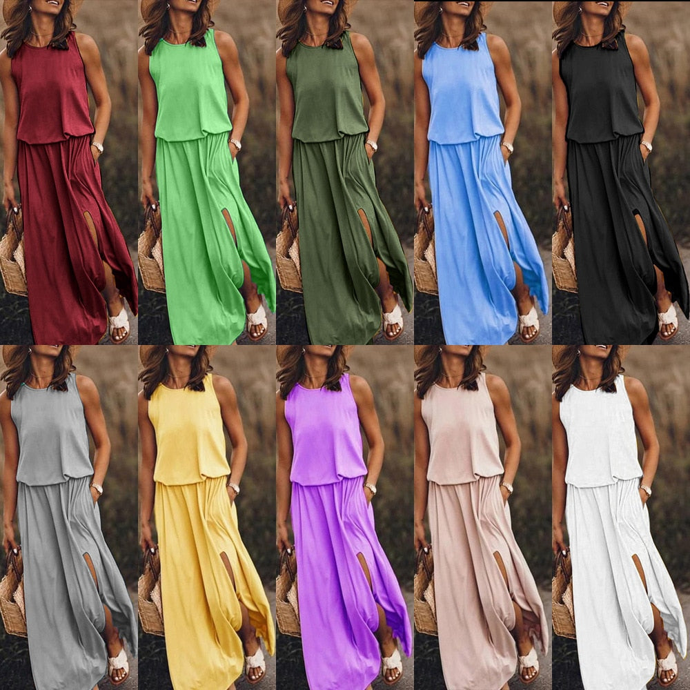 2023 Summer New Women's Round Neck Sleeveless Split Multi Solid Color Long Dress