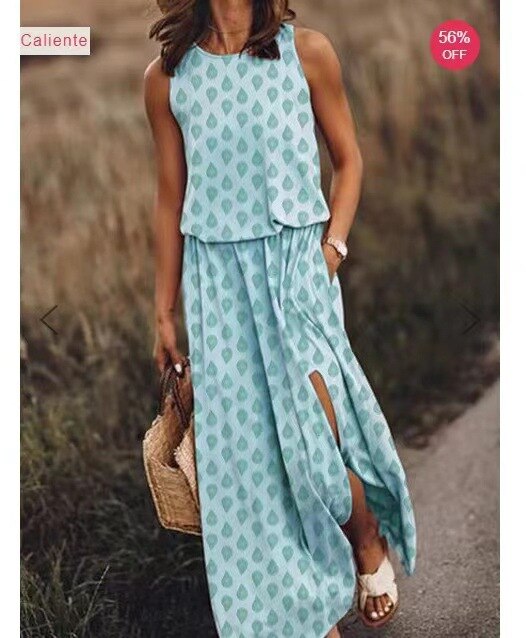 2023 Summer New Women's Round Neck Sleeveless Split Multi Solid Color Long Dress