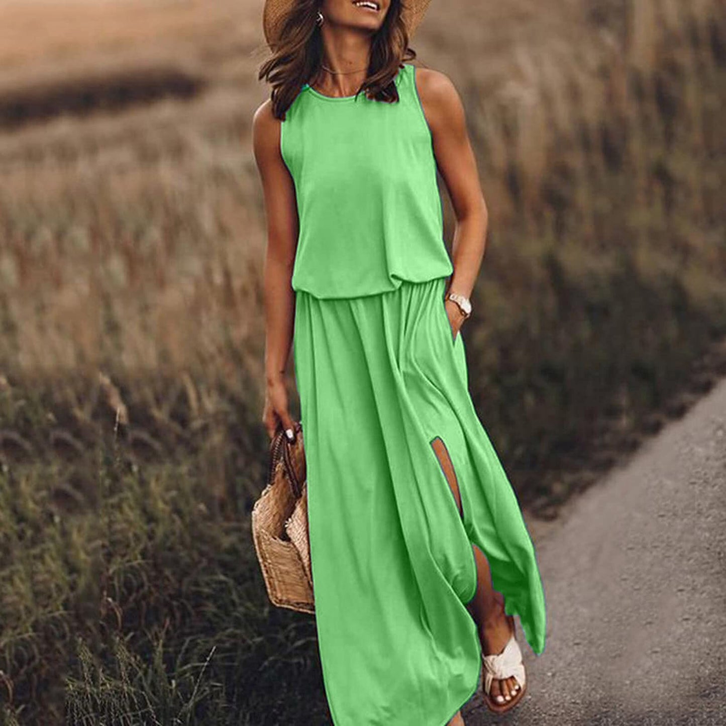 2023 Summer New Women's Round Neck Sleeveless Split Multi Solid Color Long Dress