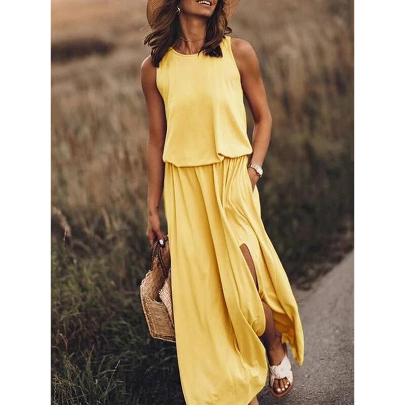 2023 Summer New Women's Round Neck Sleeveless Split Multi Solid Color Long Dress