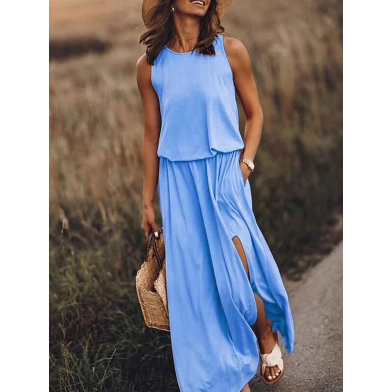 2023 Summer New Women's Round Neck Sleeveless Split Multi Solid Color Long Dress