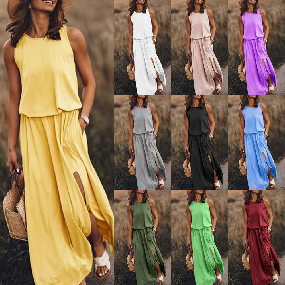 2023 Summer New Women's Round Neck Sleeveless Split Multi Solid Color Long Dress