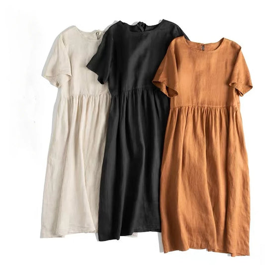 2023 Summer Simple Elegant Cotton Llinen Round Neck Short Sleeves Belt Solid Color Big Swing Dress