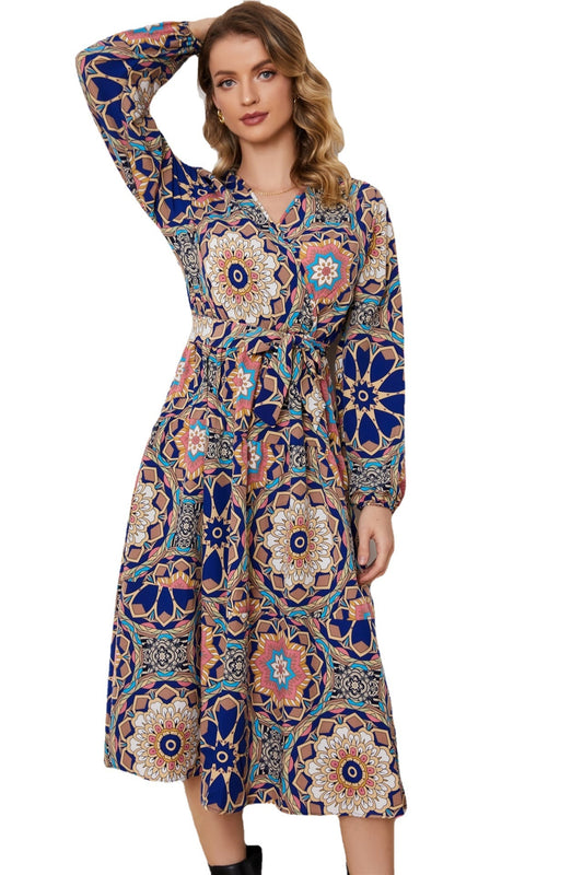 2023 V-neck Big Flowers Print Long-sleeved Tee-length Dress