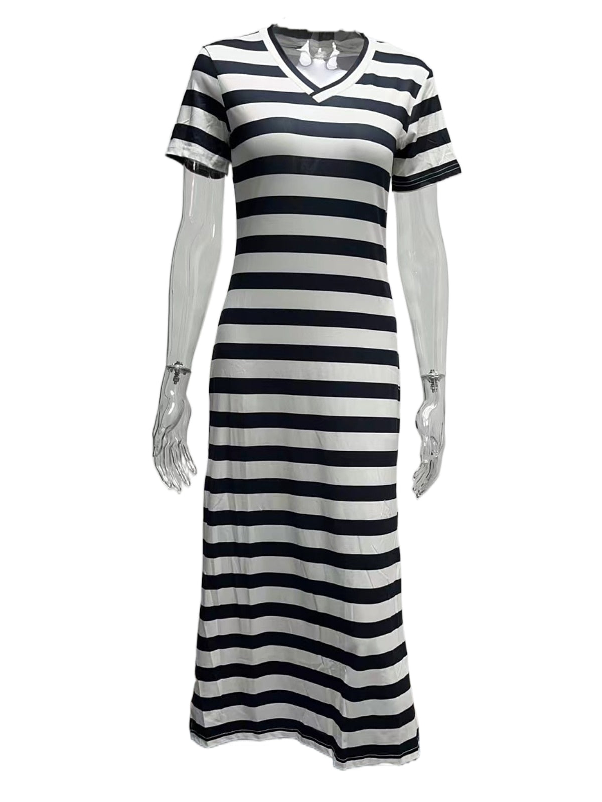 2023 V-neck High Split Stripes Print Casual Long Dress