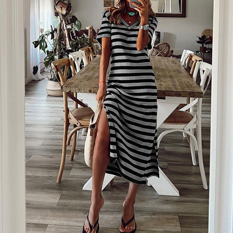 2023 V-neck High Split Stripes Print Casual Long Dress