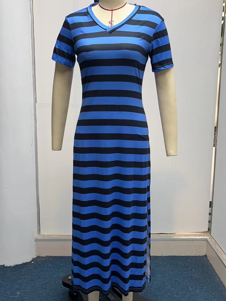 2023 V-neck High Split Stripes Print Casual Long Dress