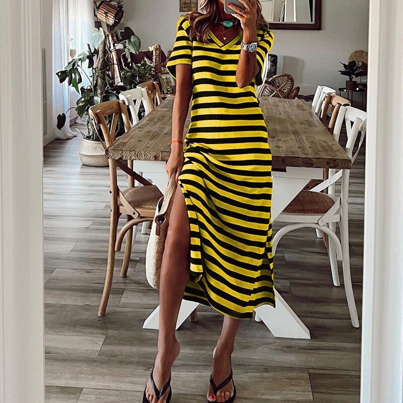 2023 V-neck High Split Stripes Print Casual Long Dress