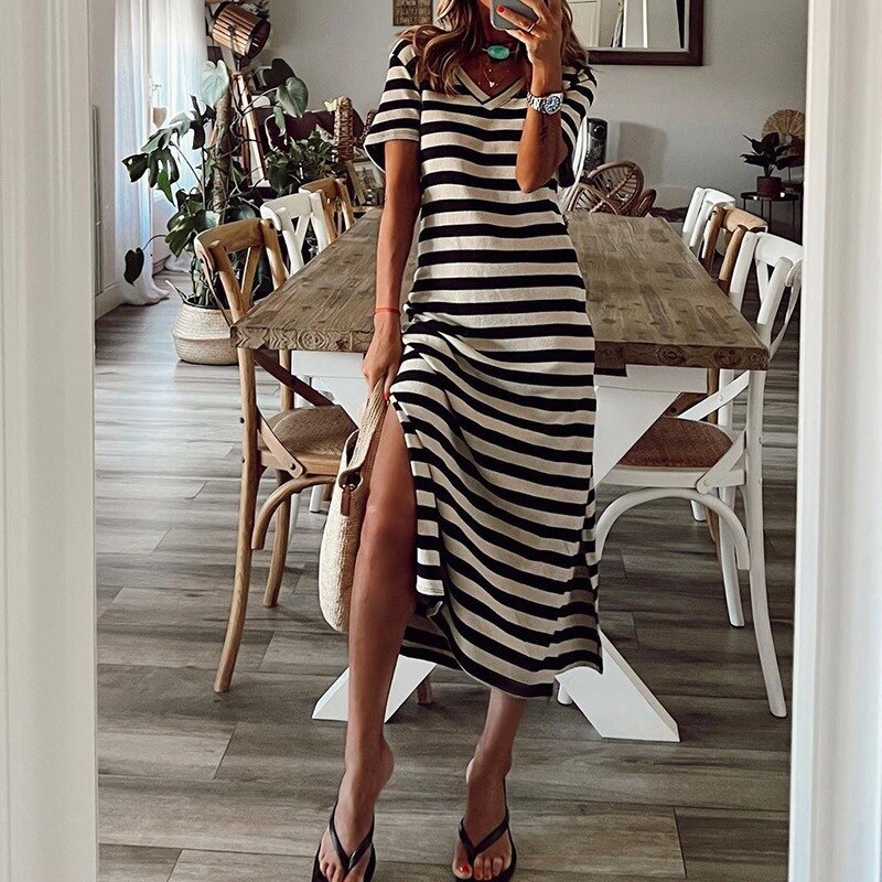 2023 V-neck High Split Stripes Print Casual Long Dress