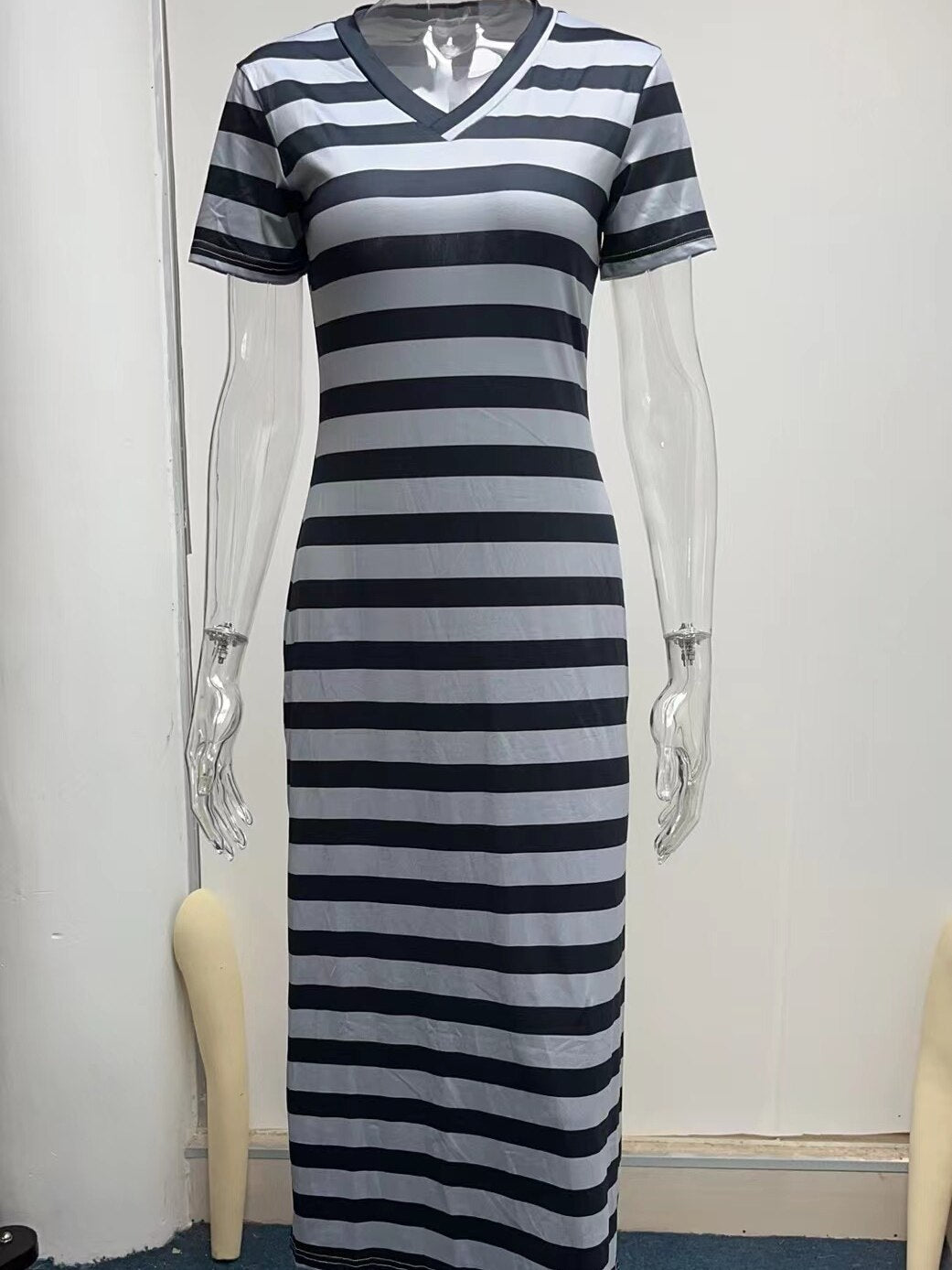 2023 V-neck High Split Stripes Print Casual Long Dress