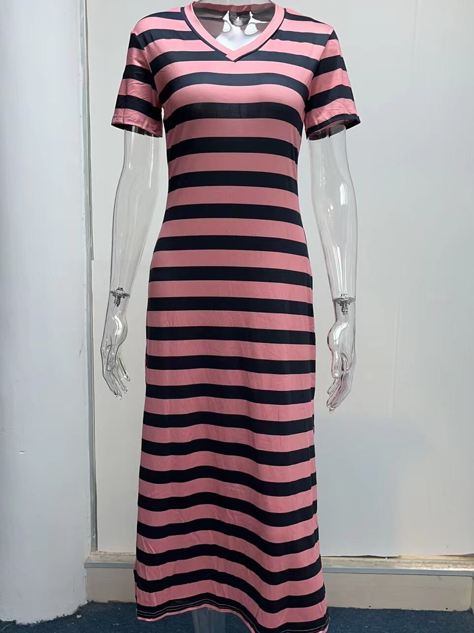 2023 V-neck High Split Stripes Print Casual Long Dress