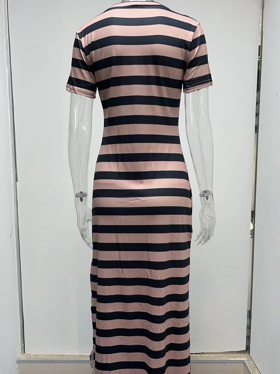 2023 V-neck High Split Stripes Print Casual Long Dress