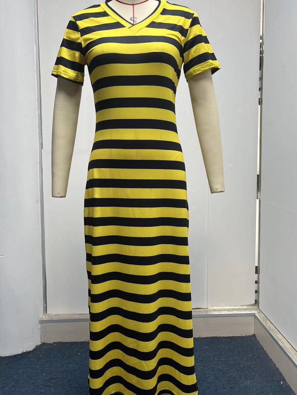 2023 V-neck High Split Stripes Print Casual Long Dress