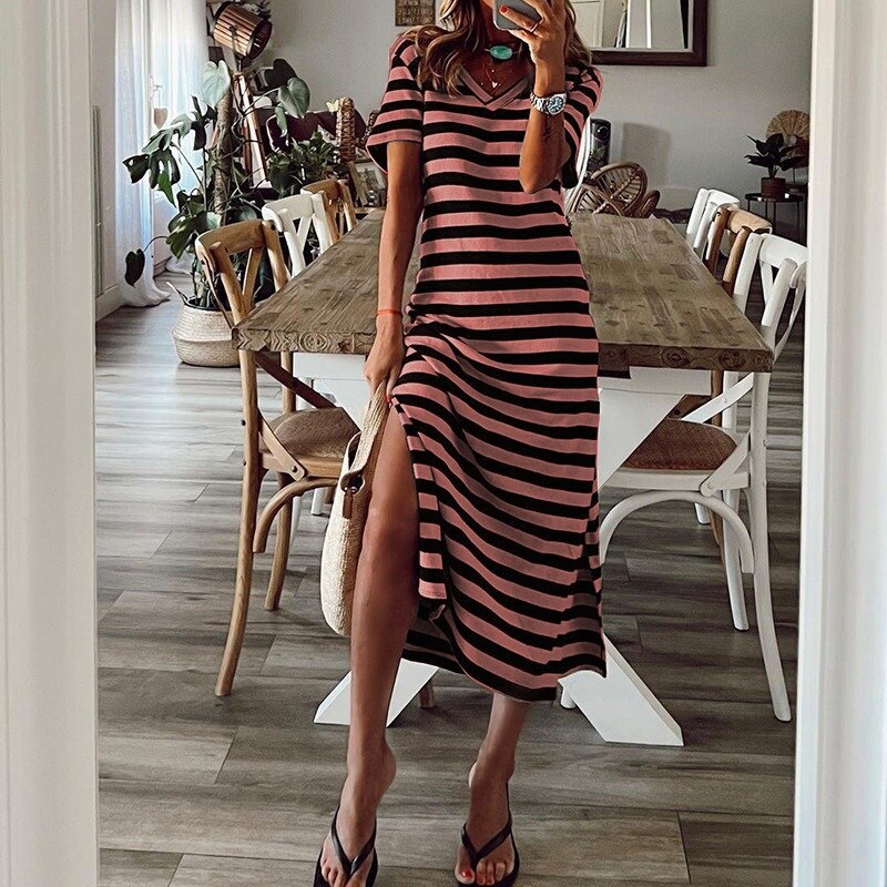 2023 V-neck High Split Stripes Print Casual Long Dress