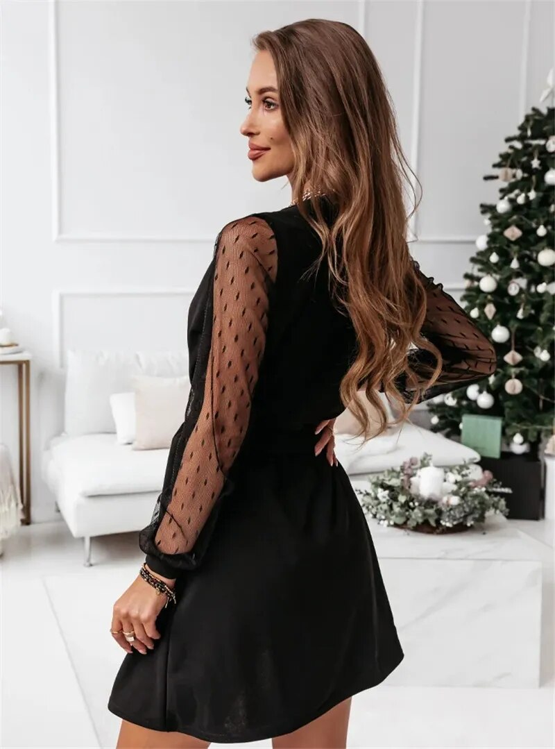 2023 V-neck Lace Long Sleeve Women's Elegant Short Dress