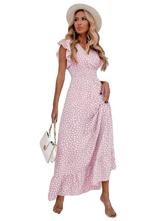 2023 V-neck Ruffled Print Casual Ankel-length Dress