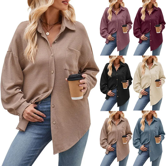 2023 Women's Autumn and Winter Casual Loose Pocket Waffle Fashion Shirt