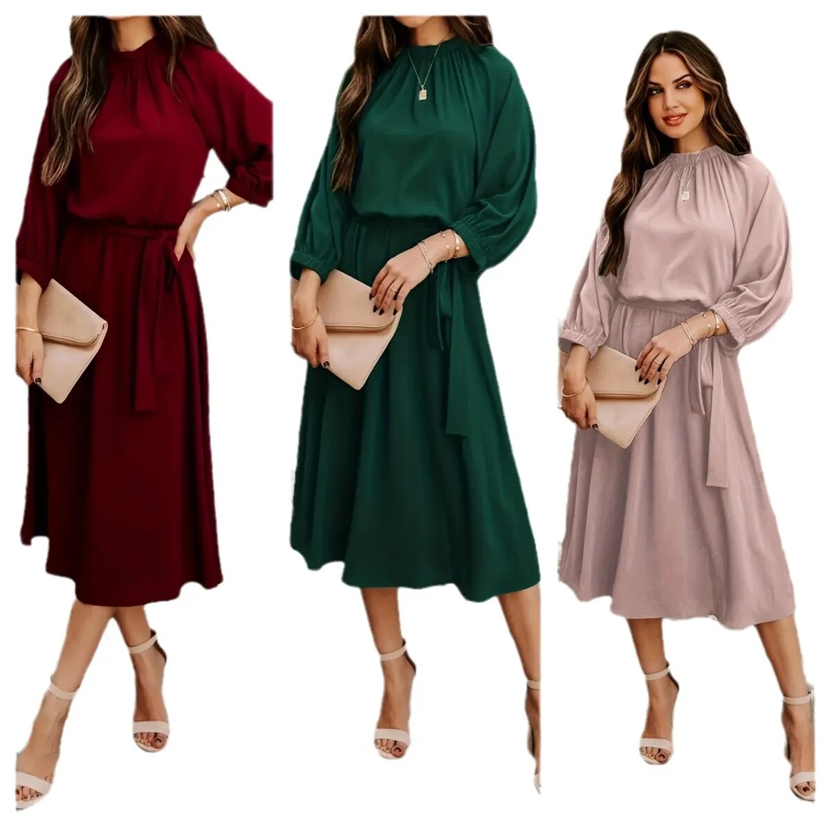 2023 Women's Crewneck Lace Up Long Sleeves Swing Tee Length Dress