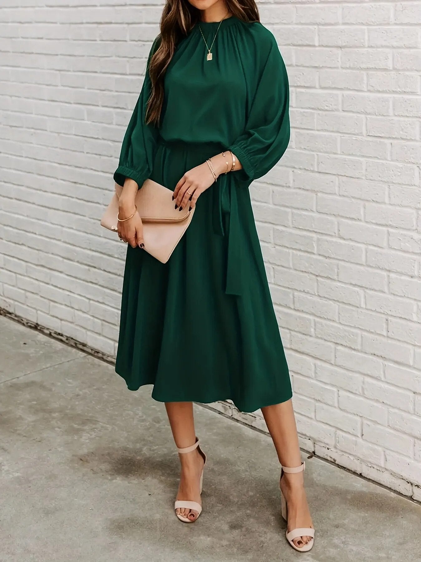 2023 Women's Crewneck Lace Up Long Sleeves Swing Tee Length Dress