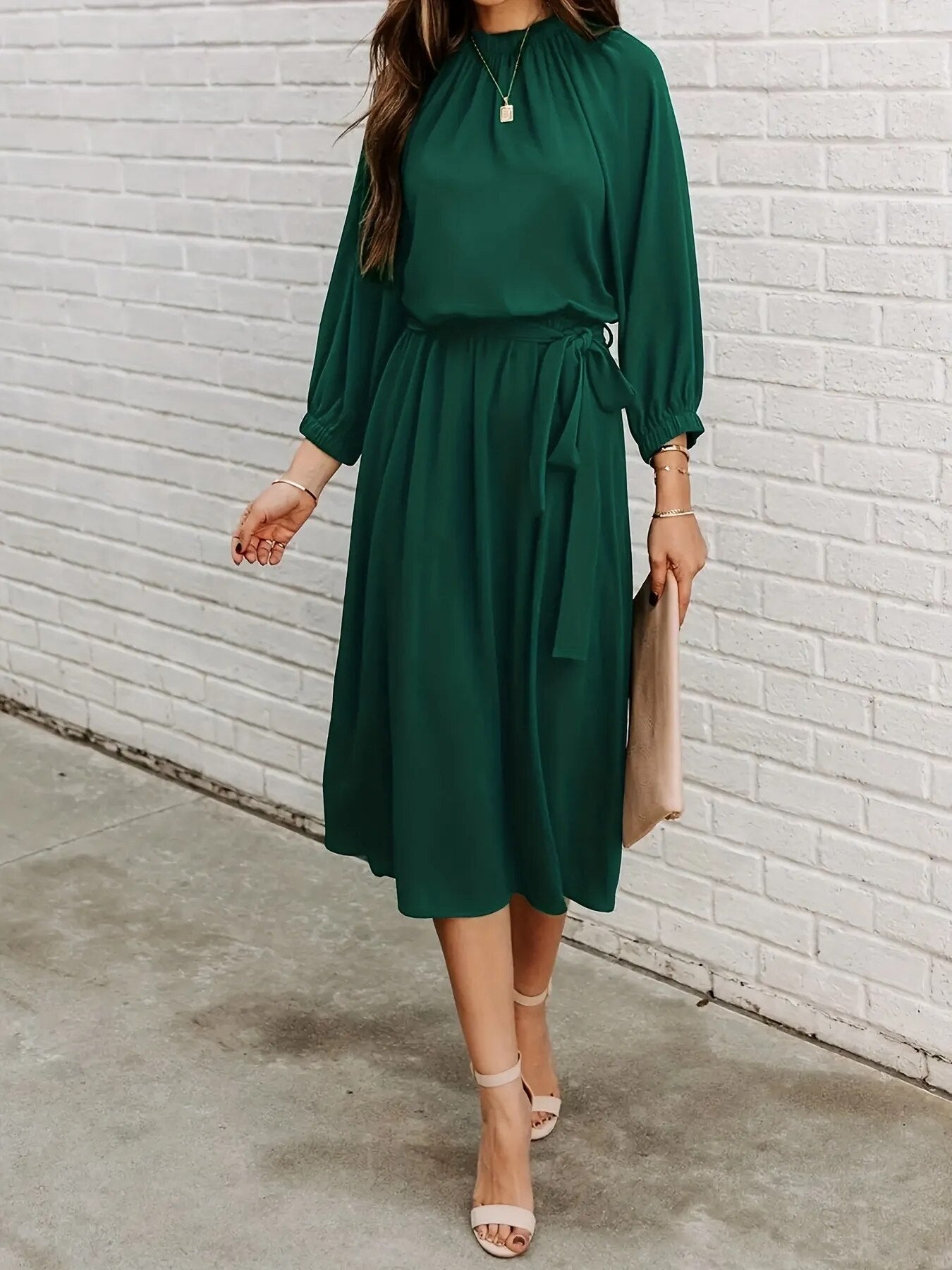 2023 Women's Crewneck Lace Up Long Sleeves Swing Tee Length Dress