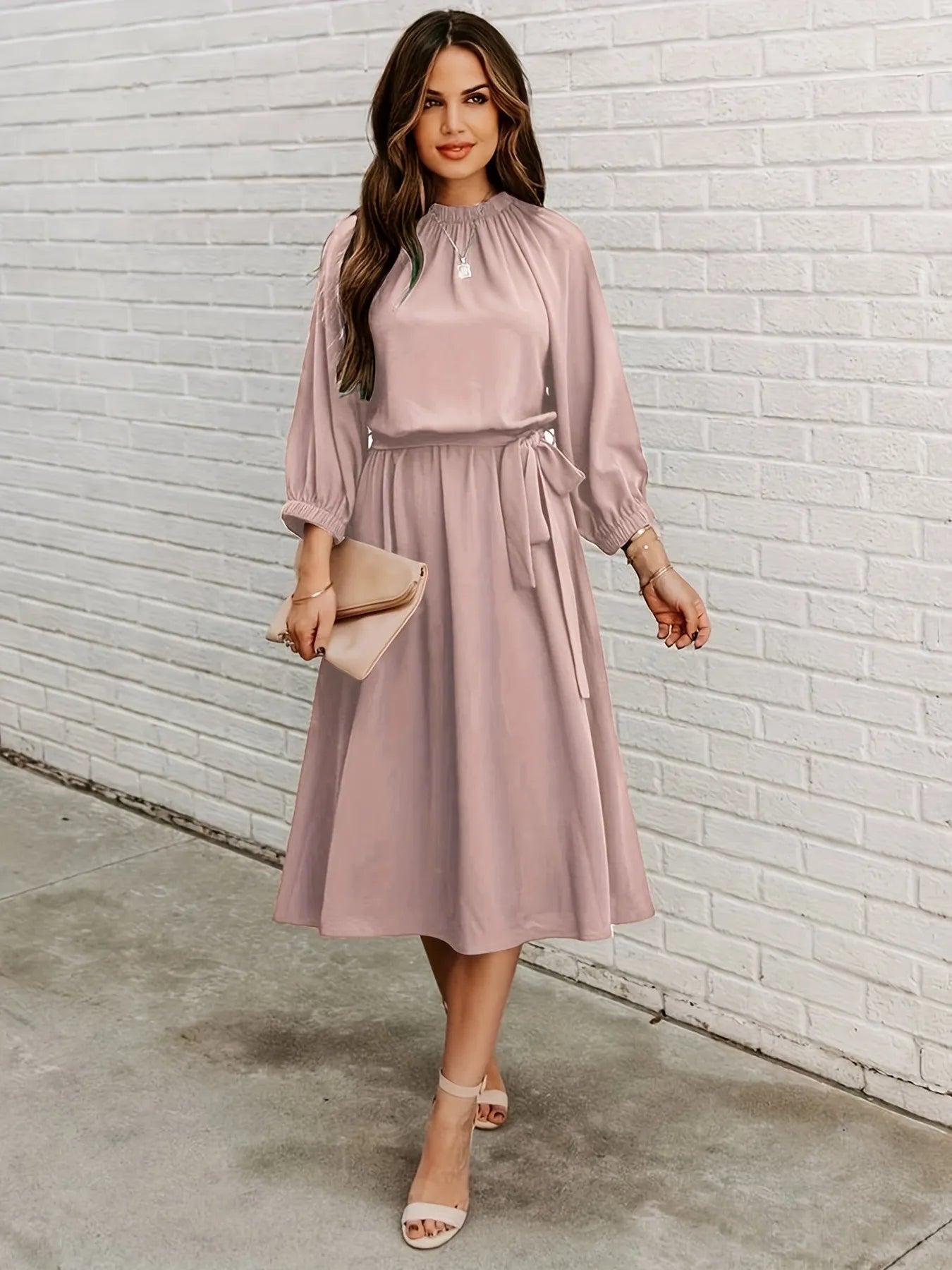 2023 Women's Crewneck Lace Up Long Sleeves Swing Tee Length Dress