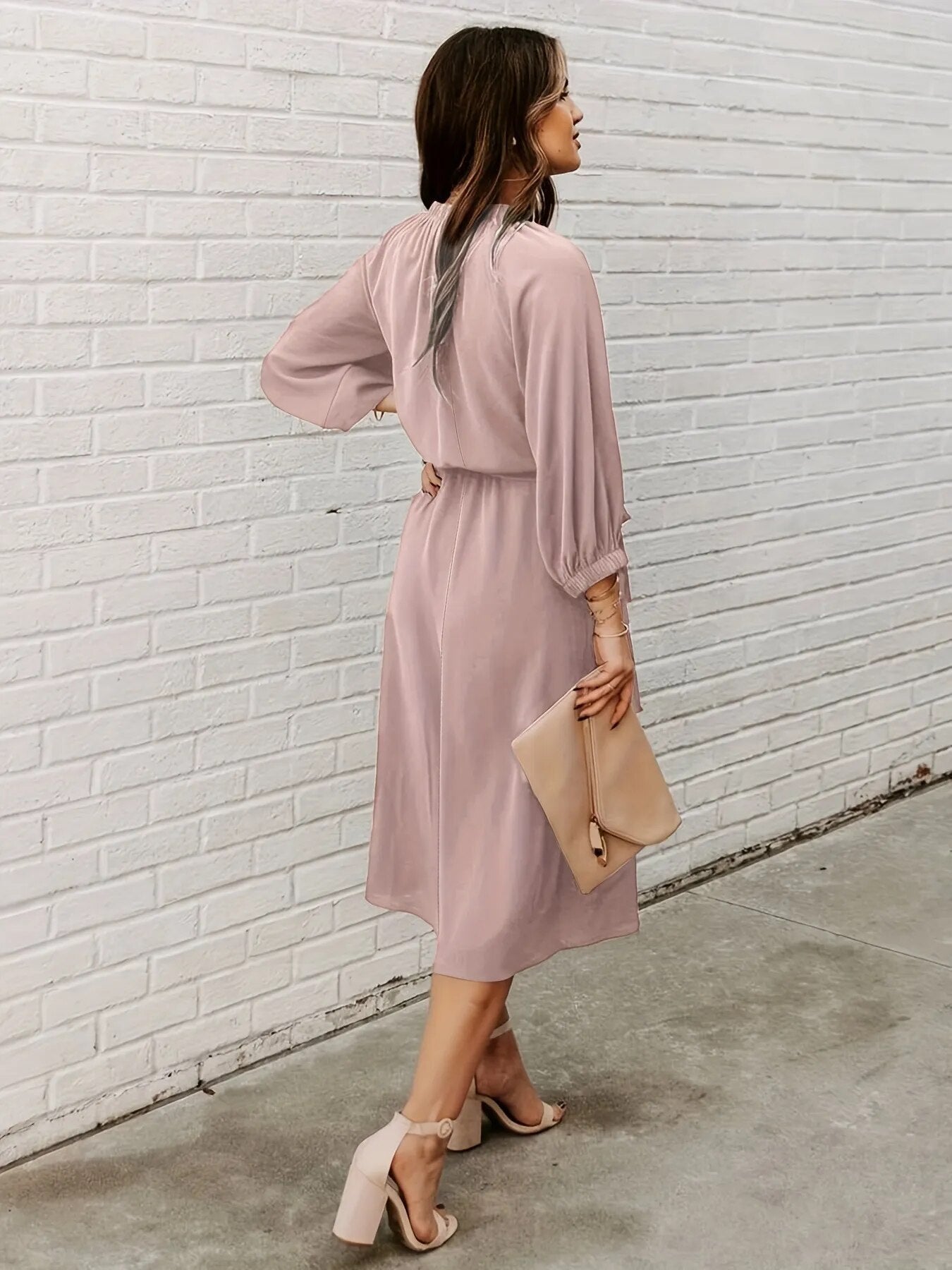 2023 Women's Crewneck Lace Up Long Sleeves Swing Tee Length Dress