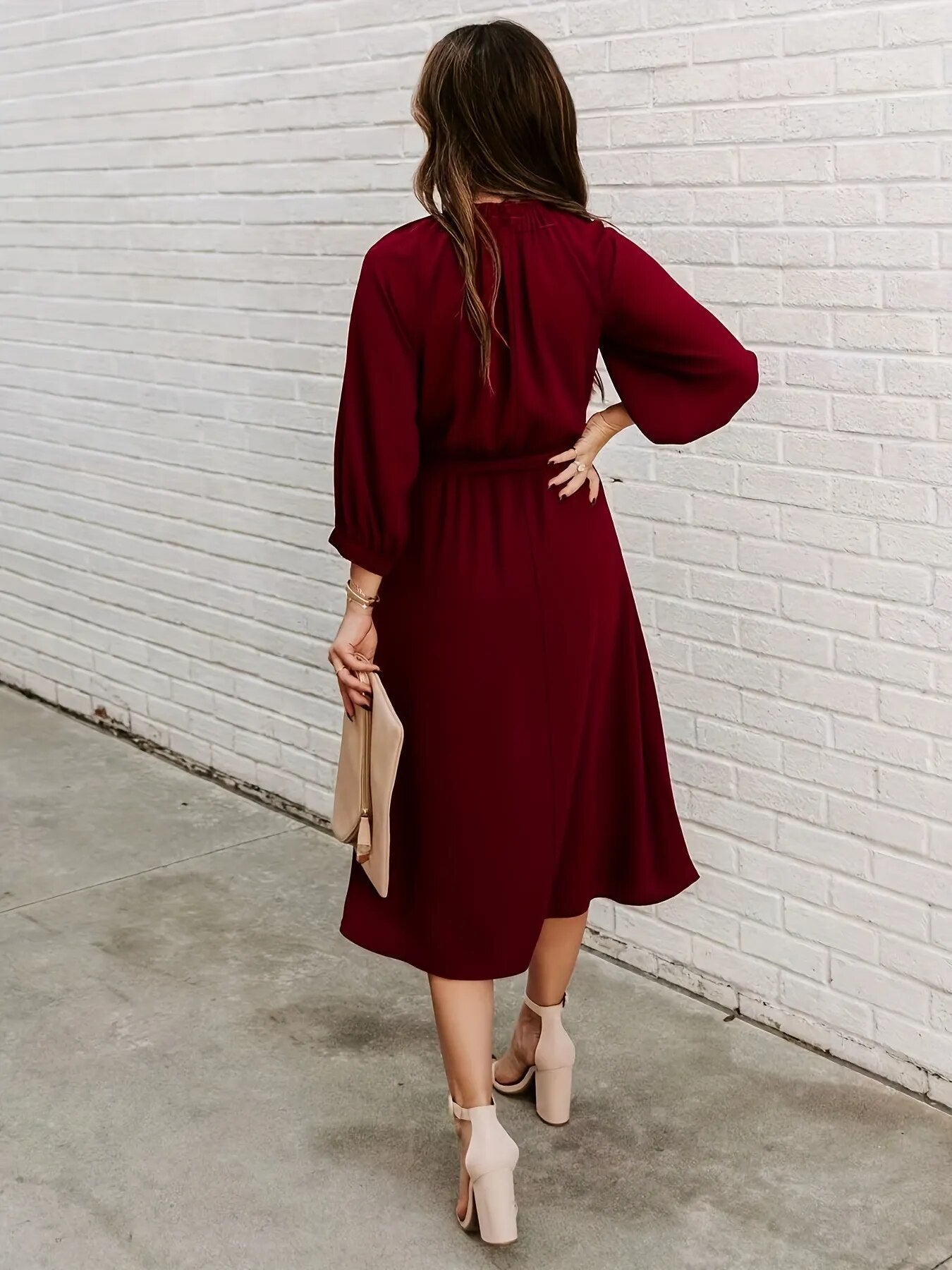 2023 Women's Crewneck Lace Up Long Sleeves Swing Tee Length Dress