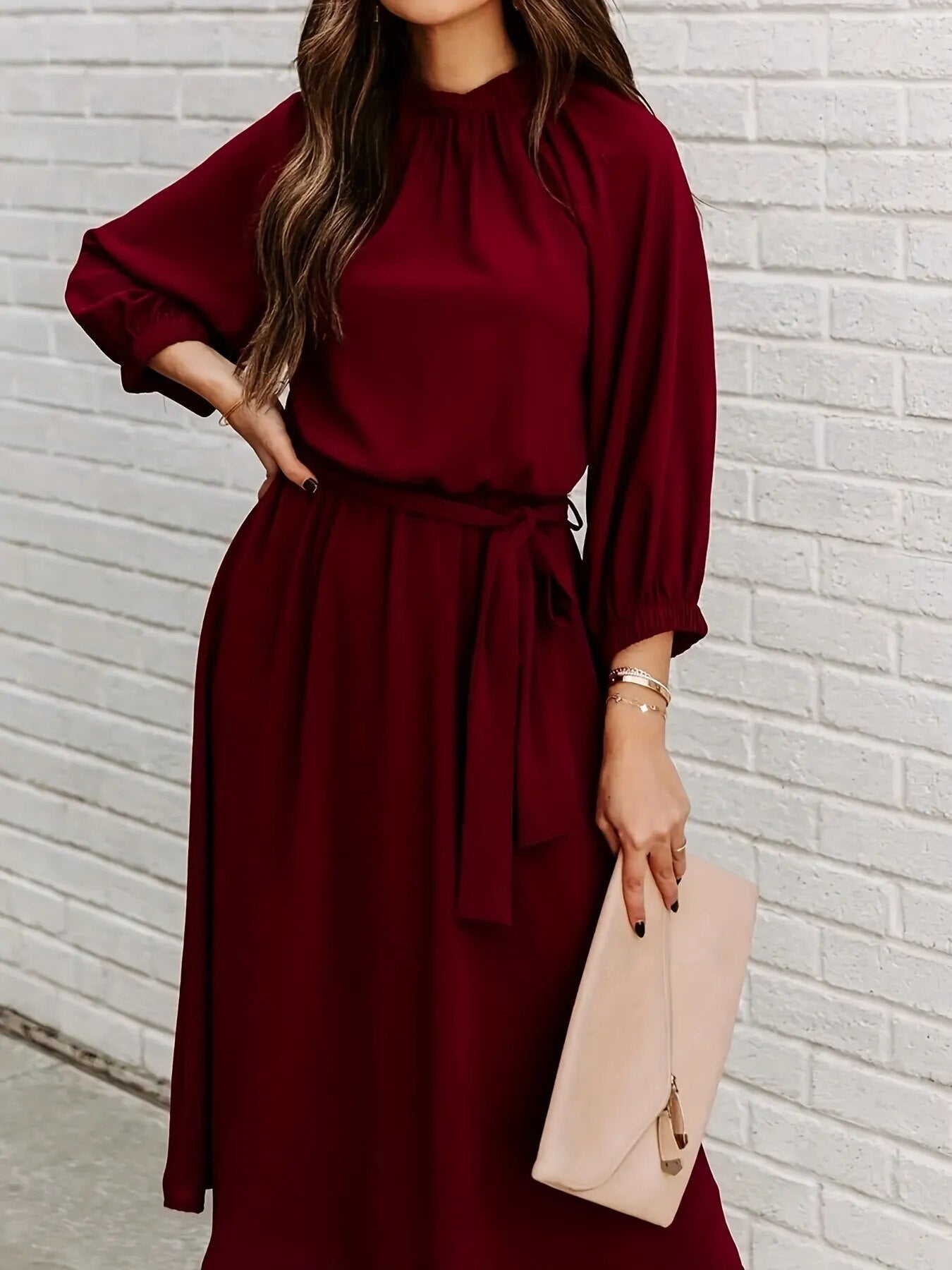 2023 Women's Crewneck Lace Up Long Sleeves Swing Tee Length Dress