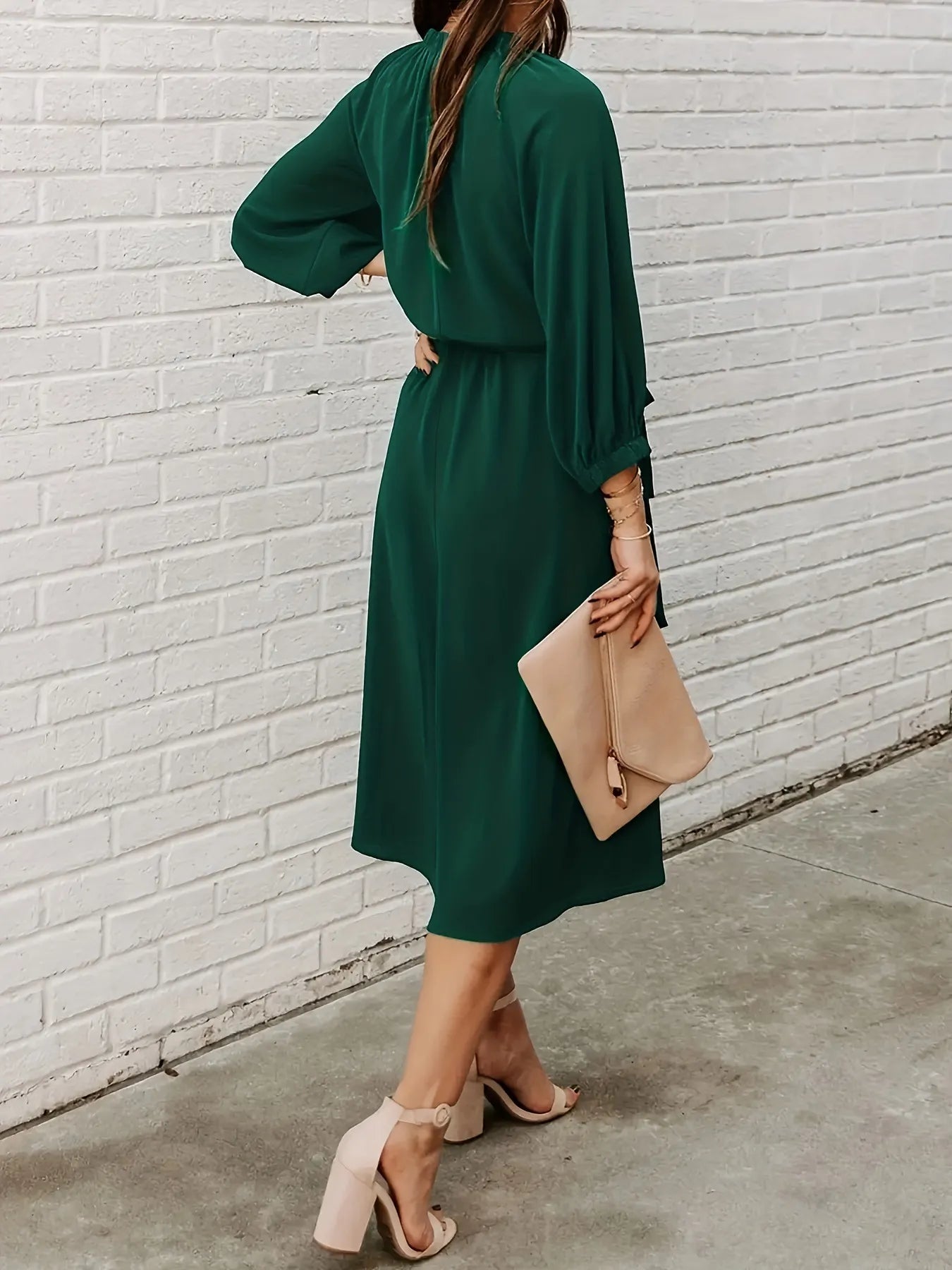 2023 Women's Crewneck Lace Up Long Sleeves Swing Tee Length Dress