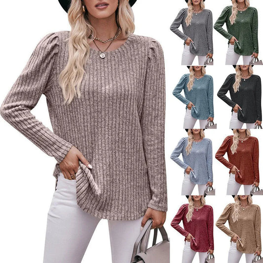 2023 Women's Crewneck Puff Sleeves Ruched Solid Color Long Sleeve T-shirt