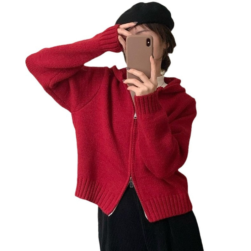 2023 Zipper Hooded Thick Cardigan Autumn Short Top Sweater Coat