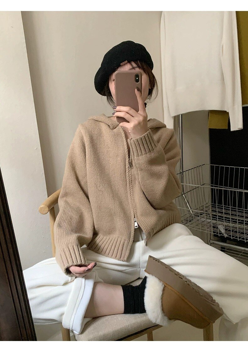 2023 Zipper Hooded Thick Cardigan Autumn Short Top Sweater Coat