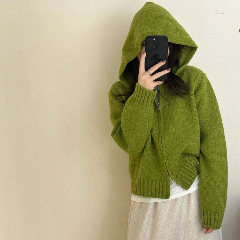 2023 Zipper Hooded Thick Cardigan Autumn Short Top Sweater Coat