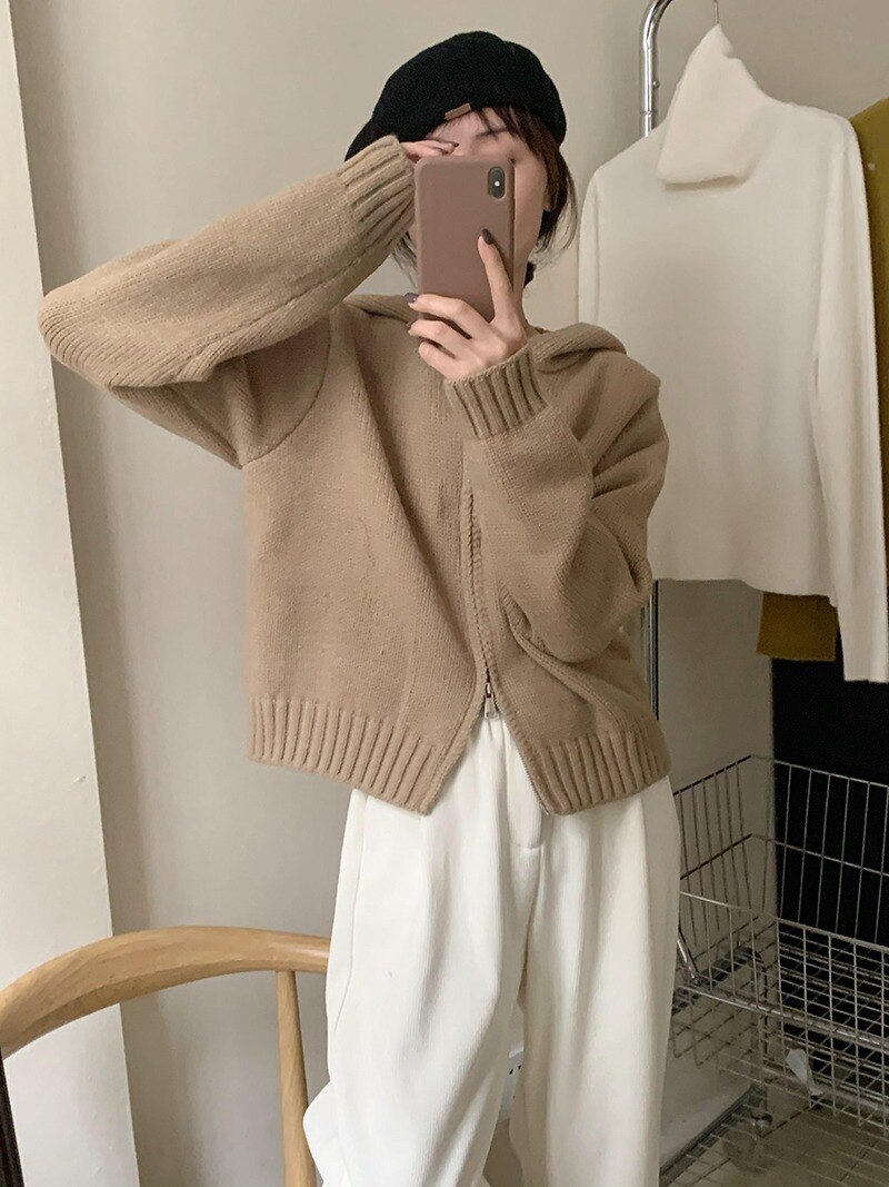 2023 Zipper Hooded Thick Cardigan Autumn Short Top Sweater Coat