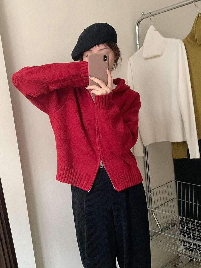 2023 Zipper Hooded Thick Cardigan Autumn Short Top Sweater Coat