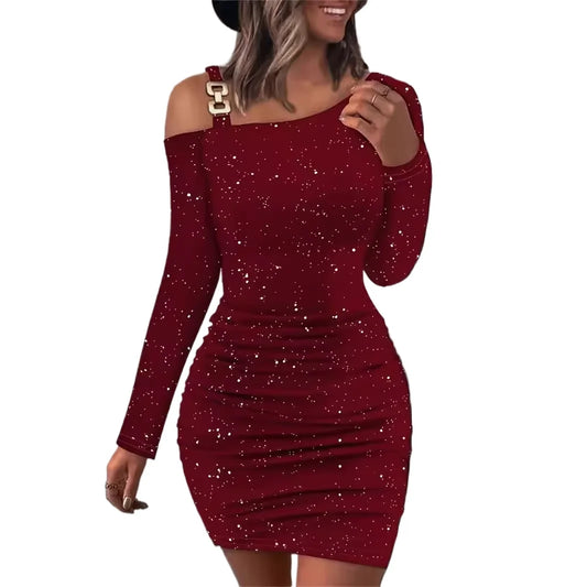 2024 Autumn and Winter Solid Color Shining Slim Short Dress