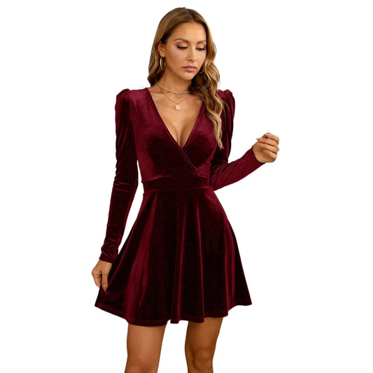 2024 Autumn and Winter V-neck A-pendulum Long-sleeved Velvet Short Dress