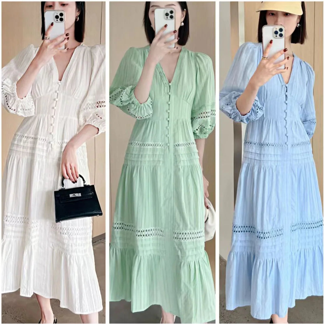 2024 French Bubble Sleeve Summer Loose V-neck Hollow Maxi Dress