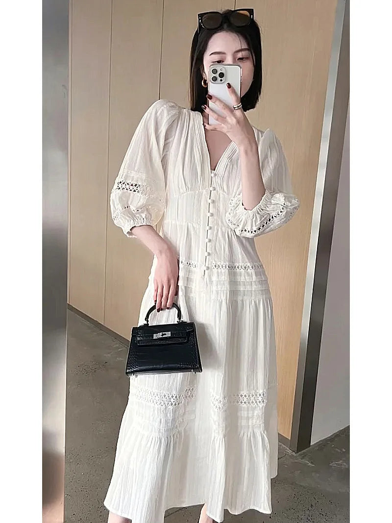 2024 French Bubble Sleeve Summer Loose V-neck Hollow Maxi Dress