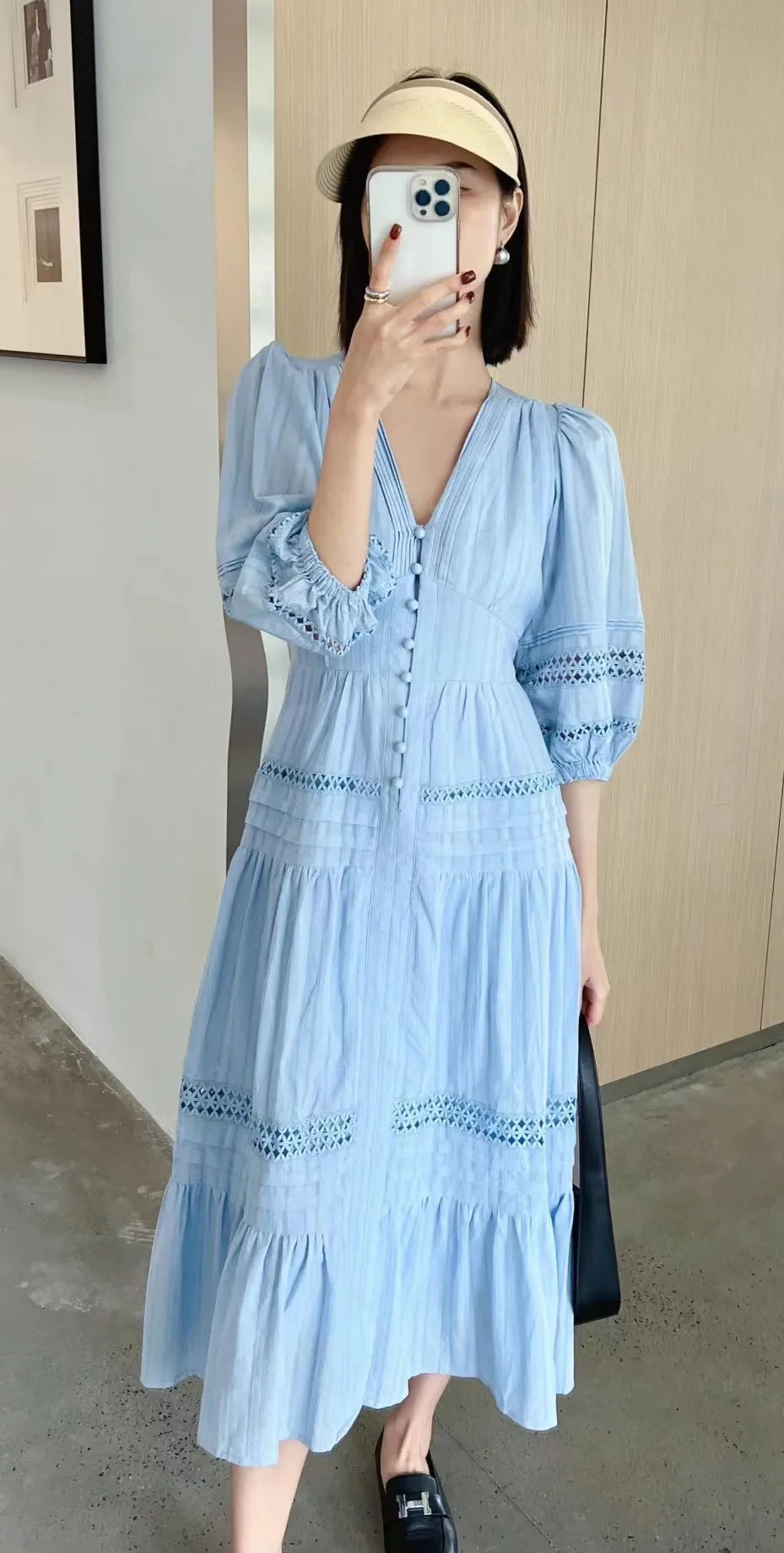 2024 French Bubble Sleeve Summer Loose V-neck Hollow Maxi Dress