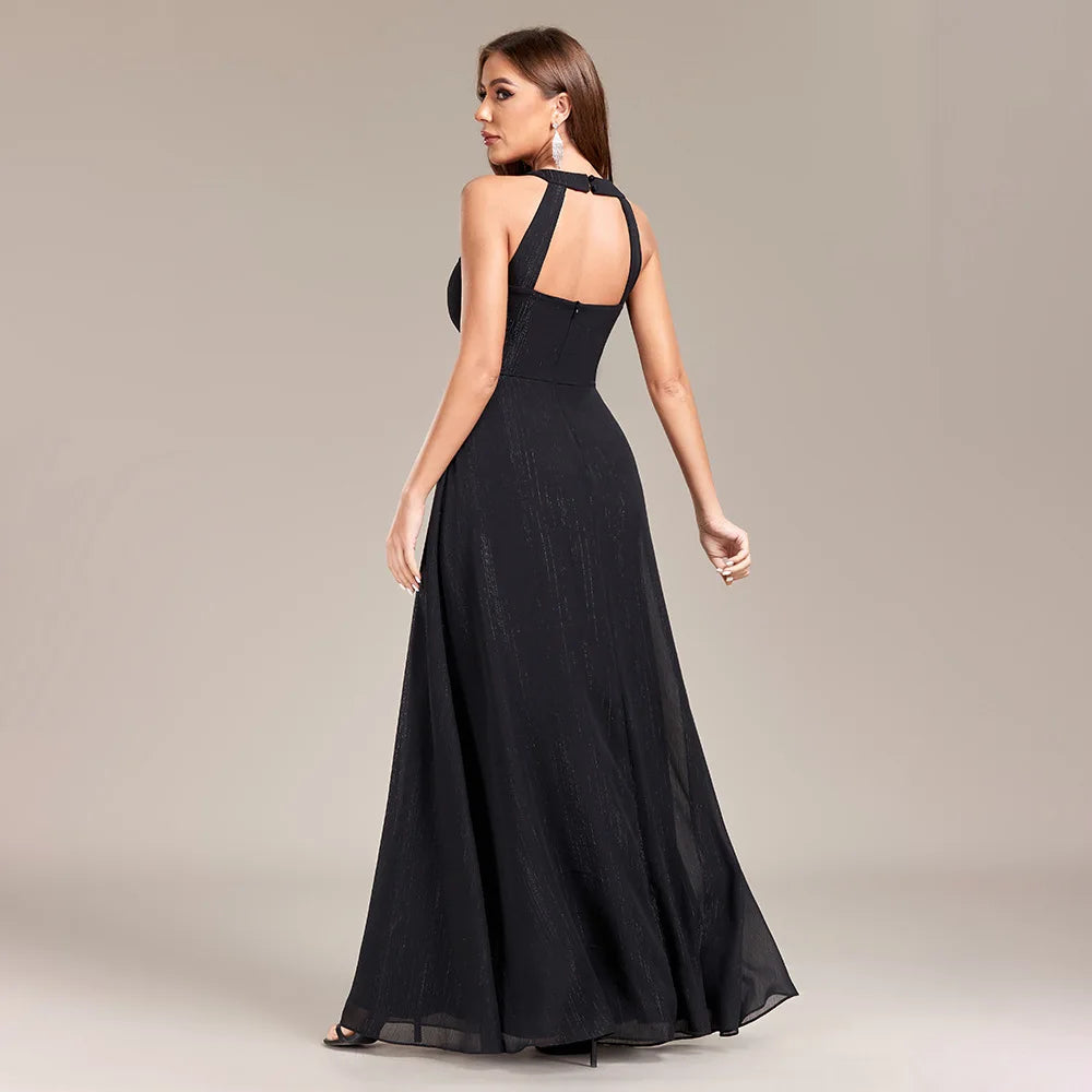 2024 Halter Open Back Pleated A Large Black Party Long Evening Dress