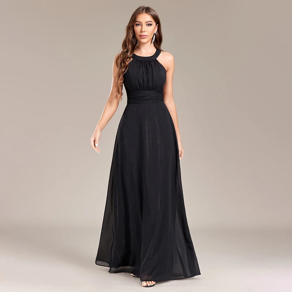 2024 Halter Open Back Pleated A Large Black Party Long Evening Dress