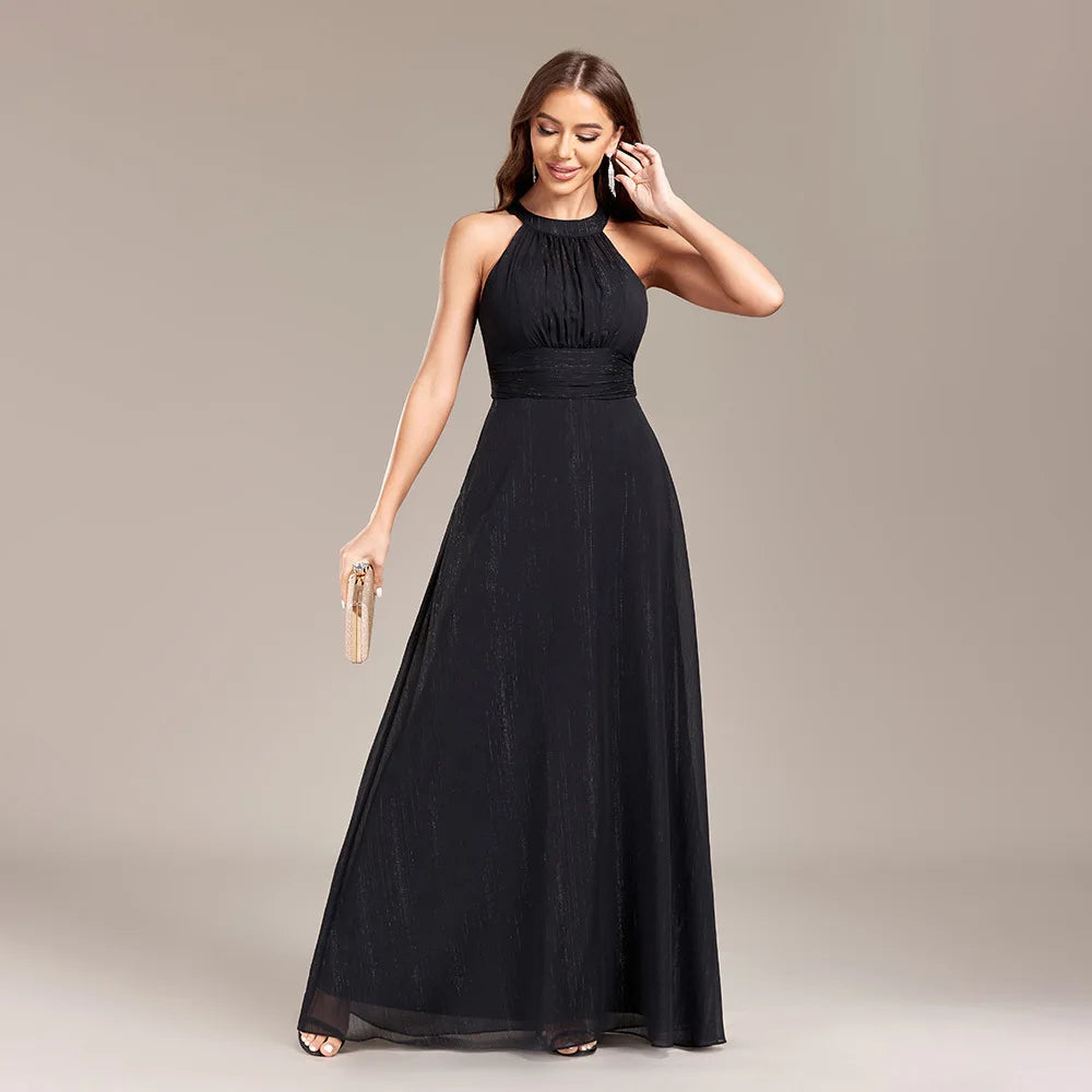 2024 Halter Open Back Pleated A Large Black Party Long Evening Dress