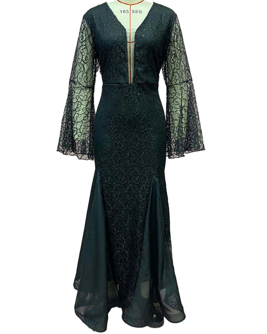 2024 Lace Long Sleeves V-neck Formal Evening Dresss