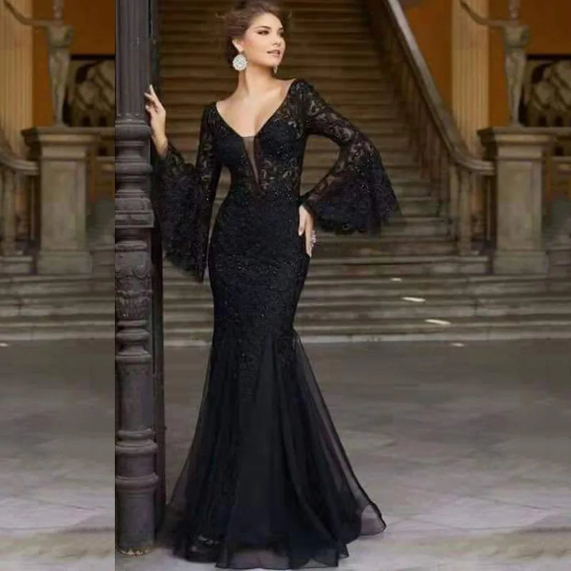 2024 Lace Long Sleeves V-neck Formal Evening Dresss