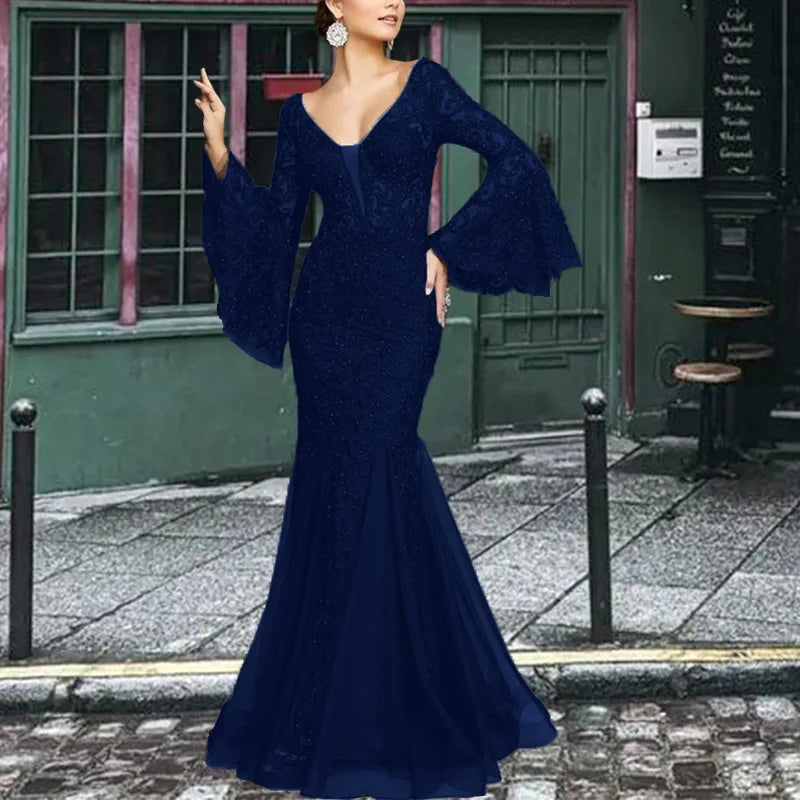 2024 Lace Long Sleeves V-neck Formal Evening Dresss