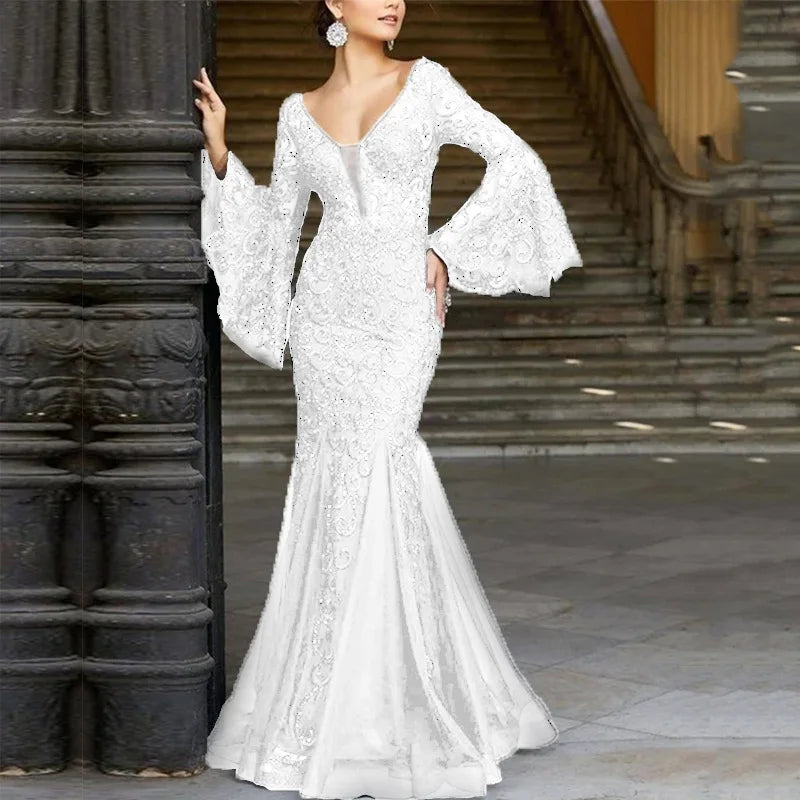 2024 Lace Long Sleeves V-neck Formal Evening Dresss