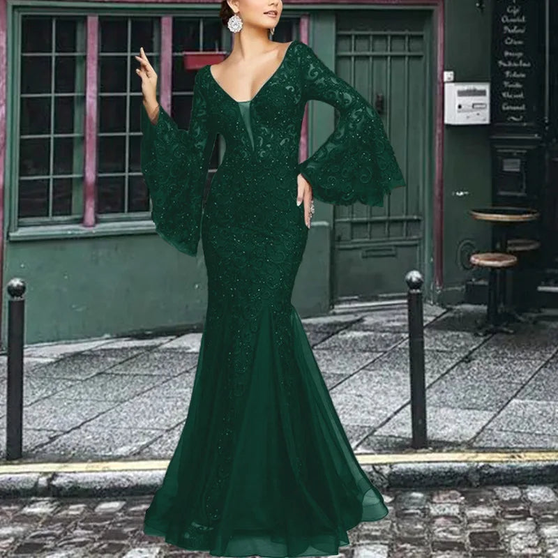 2024 Lace Long Sleeves V-neck Formal Evening Dresss