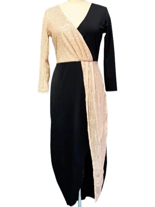 2024 Long Sleeves Sequined Color Block V-neck Formal Evening Party Dress